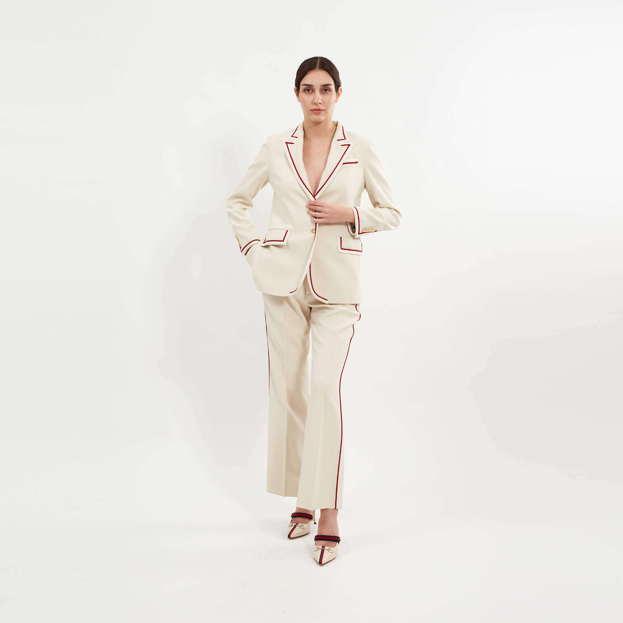 Gucci - Creme Viscose White Trim Suit